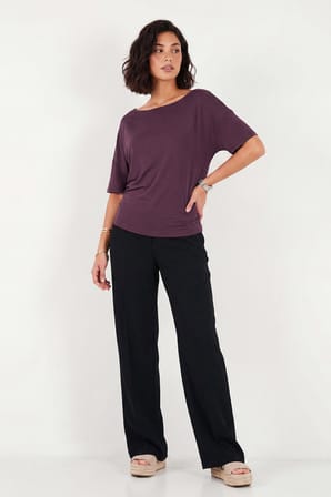 Lela Standart Fit Drape Detaylı Yarasa Kol T Shirt Bayan T SHİRT 5866962 MÜRDÜM