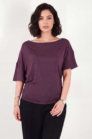 Lela Standart Fit Drape Detaylı Yarasa Kol T Shirt Bayan T SHİRT 5866962 MÜRDÜM