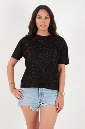 Lela Rahat Kalıp Bisiklet Yaka Taş Detaylı T Shirt Bayan T SHİRT 5866943 SİYAH