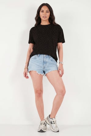 Lela Rahat Kalıp Bisiklet Yaka Taş Detaylı T Shirt Bayan T SHİRT 5866943 SİYAH