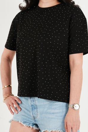 Lela Rahat Kalıp Bisiklet Yaka Taş Detaylı T Shirt Bayan T SHİRT 5866943 SİYAH