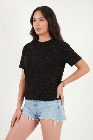 Lela Rahat Kalıp Bisiklet Yaka Taş Detaylı T Shirt Bayan T SHİRT 5866943 SİYAH