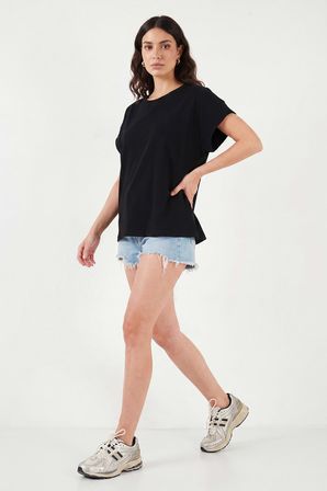Lela Pamuklu Rahat Kalıp Bisiklet Yaka T Shirt Bayan T SHİRT 5866955 SİYAH