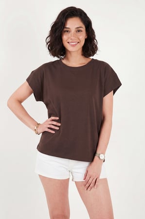 Lela Pamuklu Rahat Kalıp Bisiklet Yaka T Shirt Bayan T SHİRT 5866955 KAHVE