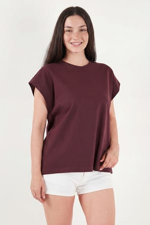 Lela Pamuklu Rahat Kalıp Bisiklet Yaka T Shirt Bayan T SHİRT 5866955 BORDO
