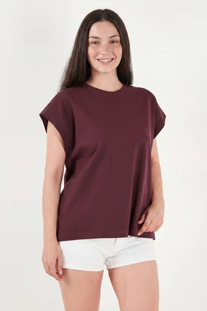 Lela Pamuklu Rahat Kalıp Bisiklet Yaka T Shirt Bayan T SHİRT 5866955 BORDO