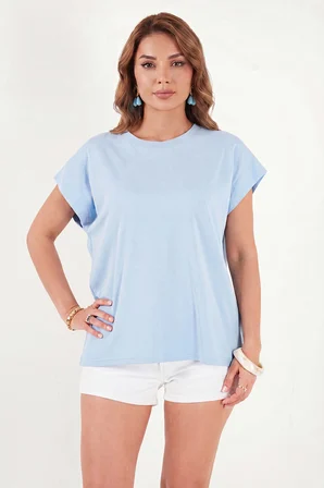 Lela Pamuklu Rahat Kalıp Bisiklet Yaka T Shirt Bayan T SHİRT 5866955 BEBE MAVİ