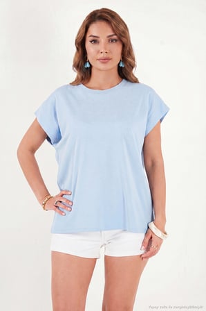 Lela Pamuklu Rahat Kalıp Bisiklet Yaka T Shirt Bayan T SHİRT 5866955 BEBE MAVİ