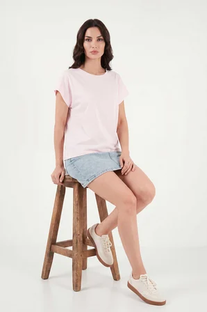 Lela Pamuklu Rahat Kalıp Bisiklet Yaka T Shirt Bayan T SHİRT 5866955 PEMBE
