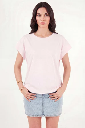 Lela Pamuklu Rahat Kalıp Bisiklet Yaka T Shirt Bayan T SHİRT 5866955 PEMBE