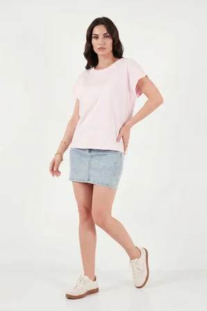 Lela Pamuklu Rahat Kalıp Bisiklet Yaka T Shirt Bayan T SHİRT 5866955 PEMBE