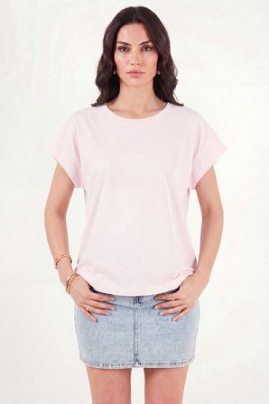 Lela Pamuklu Rahat Kalıp Bisiklet Yaka T Shirt Bayan T SHİRT 5866955 PEMBE