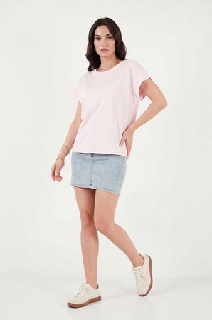 Lela Pamuklu Rahat Kalıp Bisiklet Yaka T Shirt Bayan T SHİRT 5866955 PEMBE