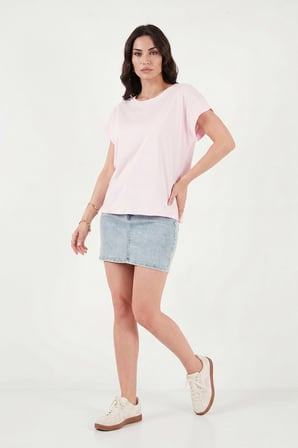 Lela Pamuklu Rahat Kalıp Bisiklet Yaka T Shirt Bayan T SHİRT 5866955 PEMBE