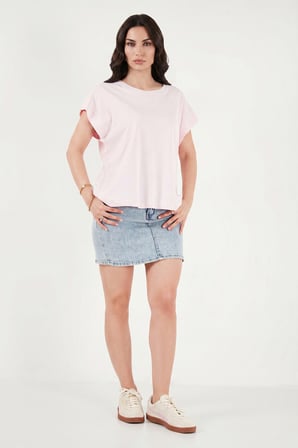 Lela Pamuklu Rahat Kalıp Bisiklet Yaka T Shirt Bayan T SHİRT 5866955 PEMBE