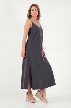 Lela Rahat Kalıp Yırtmaç Detaylı Maxi Elbise Bayan ELBİSE 5862726 FÜME