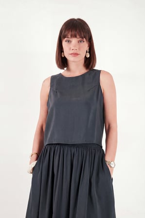 Lela Rahat Kalıp Kolsuz Midi Boy Etek Bluz Takım Bayan TAKIM 5866953 FÜME