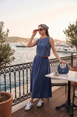 Lela Rahat Kalıp Kolsuz Midi Boy Etek Bluz Takım Bayan TAKIM 5866953 LACİVERT