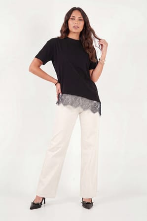 Lela Pamuklu Kontrast Dantel Panelli Salaş Bisiklet Yaka T Shirt Bayan T SHİRT 5866992 SİYAH