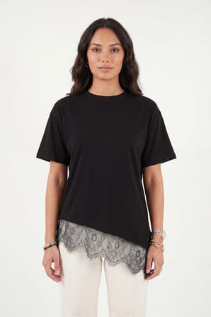 Lela Pamuklu Kontrast Dantel Panelli Salaş Bisiklet Yaka T Shirt Bayan T SHİRT 5866992 SİYAH