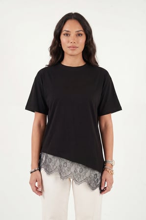 Lela Pamuklu Kontrast Dantel Panelli Salaş Bisiklet Yaka T Shirt Bayan T SHİRT 5866992 SİYAH