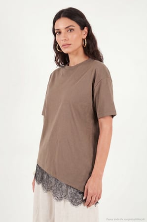 Lela Pamuklu Kontrast Dantel Panelli Salaş Bisiklet Yaka T Shirt Bayan T SHİRT 5866992 KAHVE