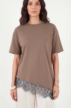 Lela Pamuklu Kontrast Dantel Panelli Salaş Bisiklet Yaka T Shirt Bayan T SHİRT 5866992 KAHVE