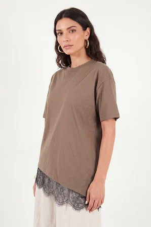 Lela Pamuklu Kontrast Dantel Panelli Salaş Bisiklet Yaka T Shirt Bayan T SHİRT 5866992 KAHVE