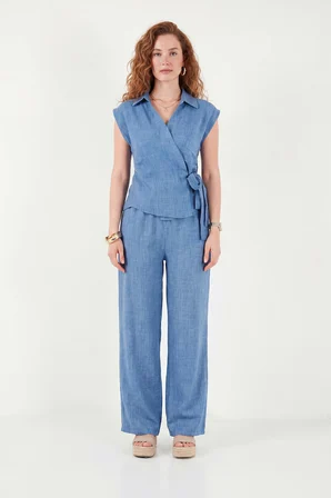 Lela Regular Fit Bağlama Detaylı Kolsuz Takım Bayan TAKIM 5866787 MAVİ