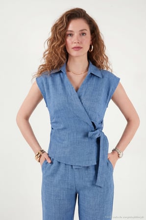 Lela Regular Fit Bağlama Detaylı Kolsuz Takım Bayan TAKIM 5866787 MAVİ