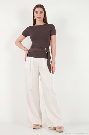 Lela Toka Detaylı Fitted Fit Kayık Yaka Bluz Bayan BLUZ 5862707 KAHVE