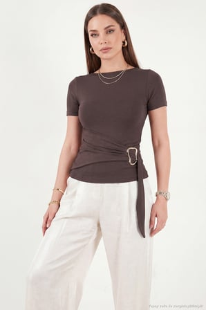 Lela Toka Detaylı Fitted Fit Kayık Yaka Bluz Bayan BLUZ 5862707 KAHVE