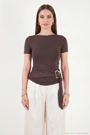 Lela Toka Detaylı Fitted Fit Kayık Yaka Bluz Bayan BLUZ 5862707 KAHVE