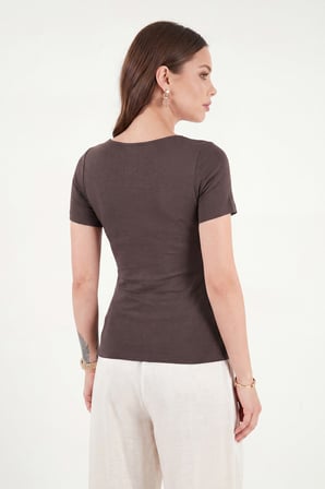 Lela Toka Detaylı Fitted Fit Kayık Yaka Bluz Bayan BLUZ 5862707 KAHVE