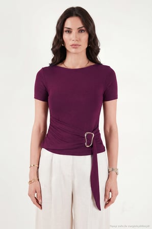 Lela Toka Detaylı Fitted Fit Kayık Yaka Bluz Bayan BLUZ 5862707 MÜRDÜM