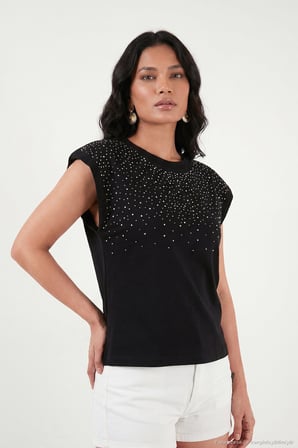 Lela Pamuklu Regular Fit Taş Detaylı Bluz Bayan BLUZ 5866945 SİYAH