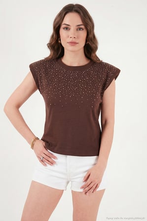 Lela Pamuklu Regular Fit Taş Detaylı Bluz Bayan BLUZ 5866945 KAHVE