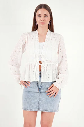 Lela Pamuklu Brode İşlemeli Bağlamalı Bluz Bayan BLUZ 5866848 EKRU
