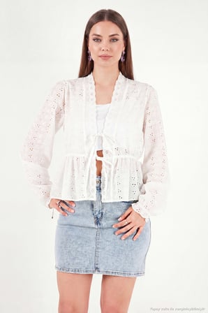Lela Pamuklu Brode İşlemeli Bağlamalı Bluz Bayan BLUZ 5866848 EKRU