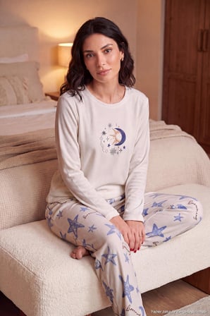 Lela Desenli Yumuşak Dokulu Uzun Kollu Pijama Takımı Kadın PİJAMA TAKIMI 65750155 KREM