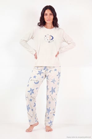 Lela Desenli Yumuşak Dokulu Uzun Kollu Pijama Takımı Kadın PİJAMA TAKIMI 65750155 KREM