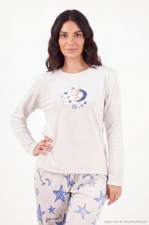 Lela Desenli Yumuşak Dokulu Uzun Kollu Pijama Takımı Kadın PİJAMA TAKIMI 65750155 KREM