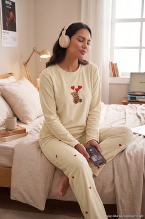Lela Desenli Yumuşak Dokulu Uzun Kollu Pijama Takımı Kadın PİJAMA TAKIMI 65750155 BEJ