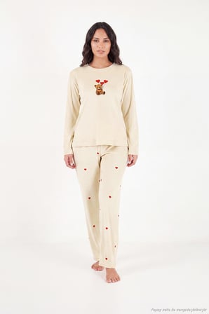 Lela Desenli Yumuşak Dokulu Uzun Kollu Pijama Takımı Kadın PİJAMA TAKIMI 65750155 BEJ
