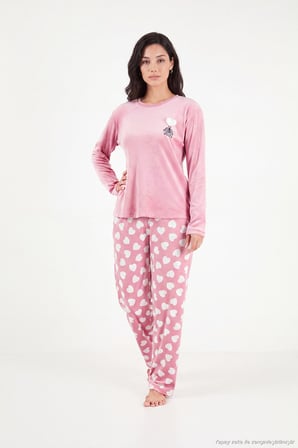 Lela Desenli Yumuşak Dokulu Uzun Kollu Pijama Takımı Kadın PİJAMA TAKIMI 65750155 PUDRA