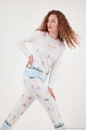 Lela Kış Temalı Bisiklet Yaka Uzun Kollu Pijama Takımı Kadın PİJAMA TAKIMI 6575019 KREM