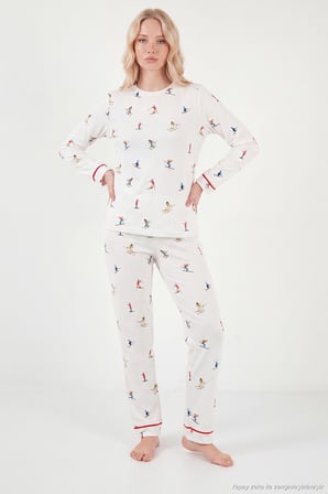Lela Kış Temalı Bisiklet Yaka Uzun Kollu Pijama Takımı Kadın PİJAMA TAKIMI 6575019 EKRU