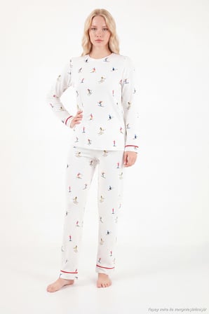 Lela Kış Temalı Bisiklet Yaka Uzun Kollu Pijama Takımı Kadın PİJAMA TAKIMI 6575019 EKRU