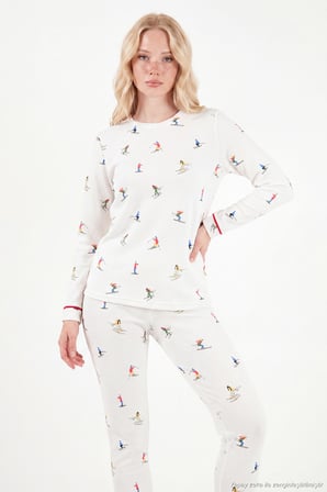 Lela Kış Temalı Bisiklet Yaka Uzun Kollu Pijama Takımı Kadın PİJAMA TAKIMI 6575019 EKRU