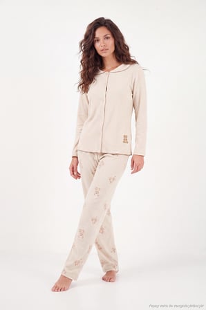Lela Ayıcık Desenli Lastikli Bel Uzun Kollu Yumuşak Dokulu Pijama Takımı Kadın PİJAMA TAKIMI 6575023 KREM